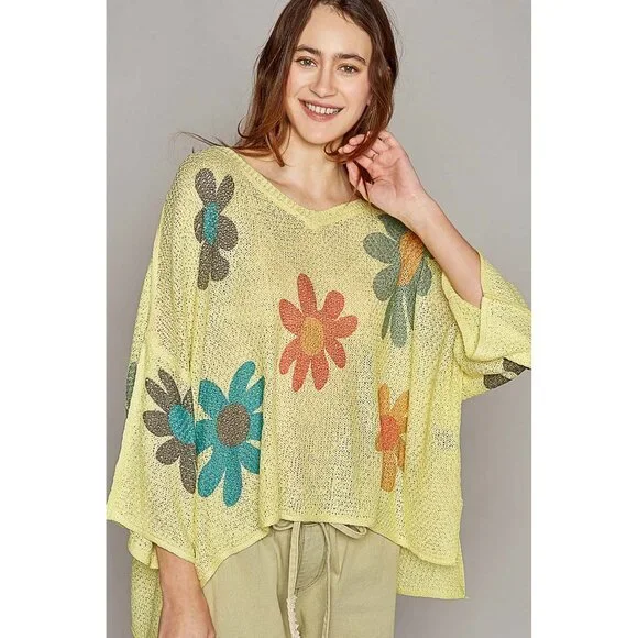 POL V-Neck Colorful Flower Print Light Weight Sweater Top - Picture 1 of 6